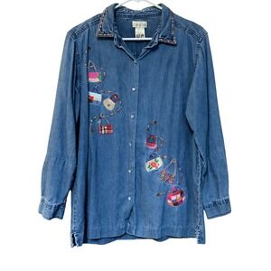 Bobbie Brooks Denim Shirt Blue Embroidered Handbags Collared Large Y2K Funky